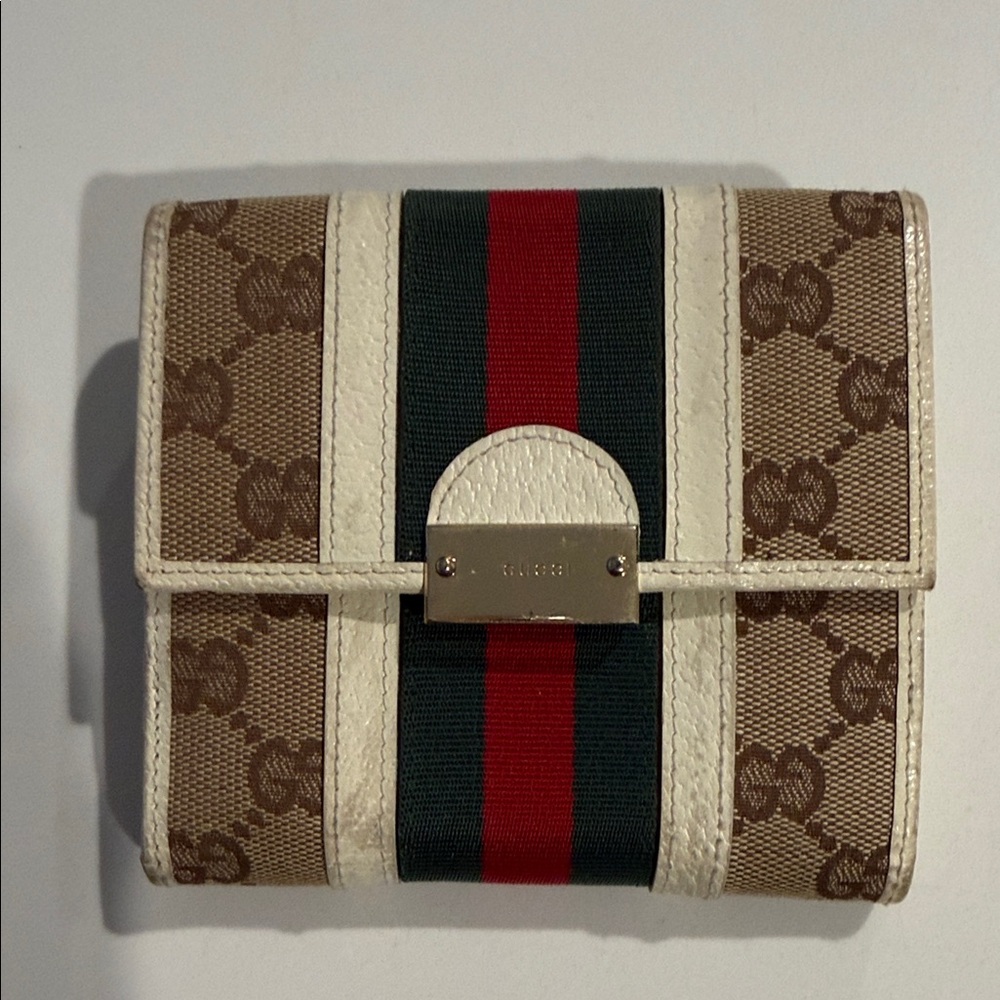 Gucci Beige and Red Stripe Monogram Wallet